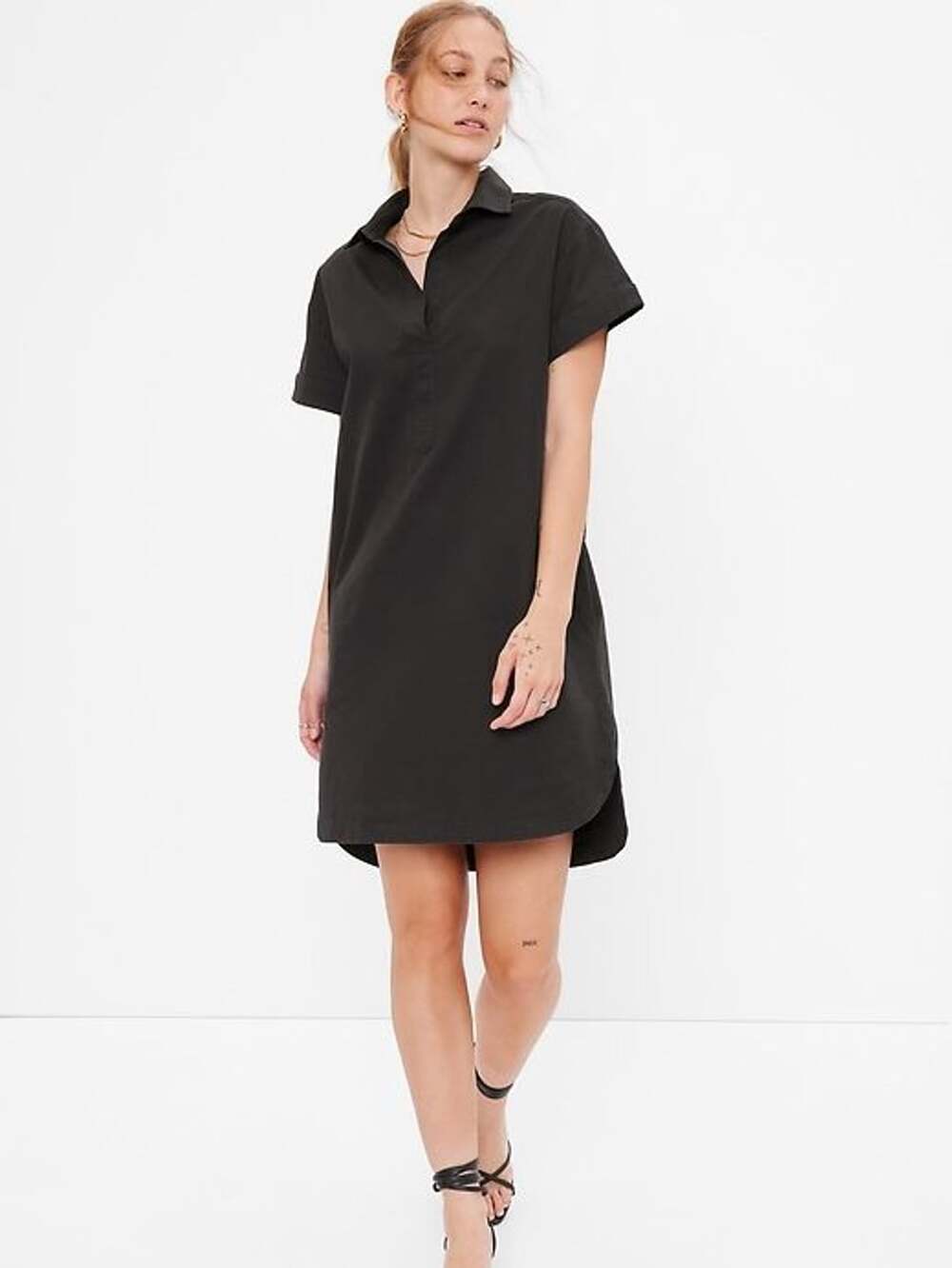 Gap Shirt Dress Size L Black Popover Collared Short Sleeve